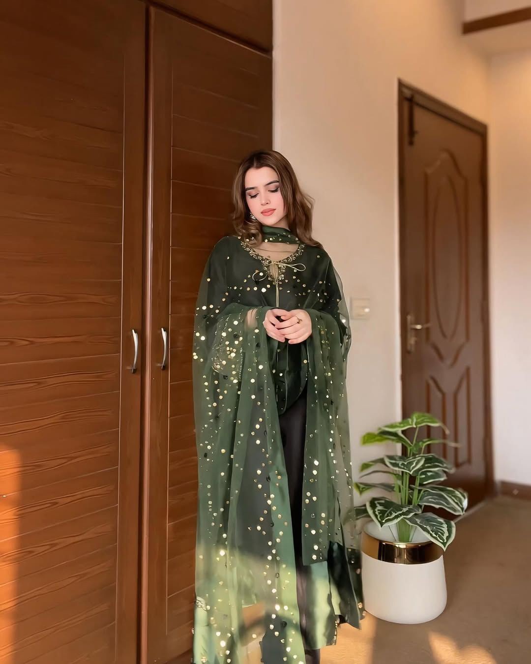 Designer French Crepe Silk Kurti Pant Set with Embroidered Organza Dupatta