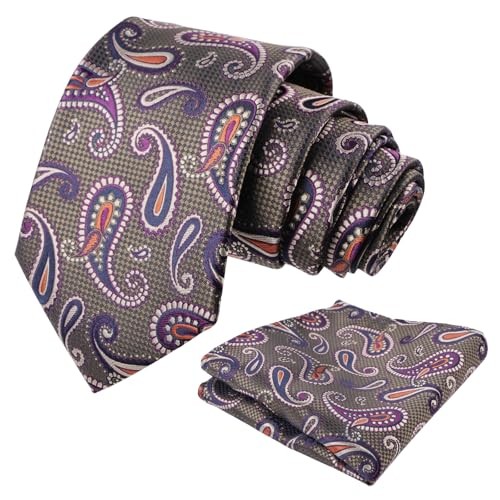 Mens Colorful Paisley Necktie and Pocket Square Sets 144-olive+purple
