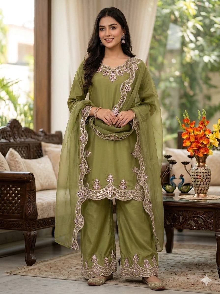 Latest New Heavy Natural Crep Olive Green Top Palazzo And Dupatta For Function