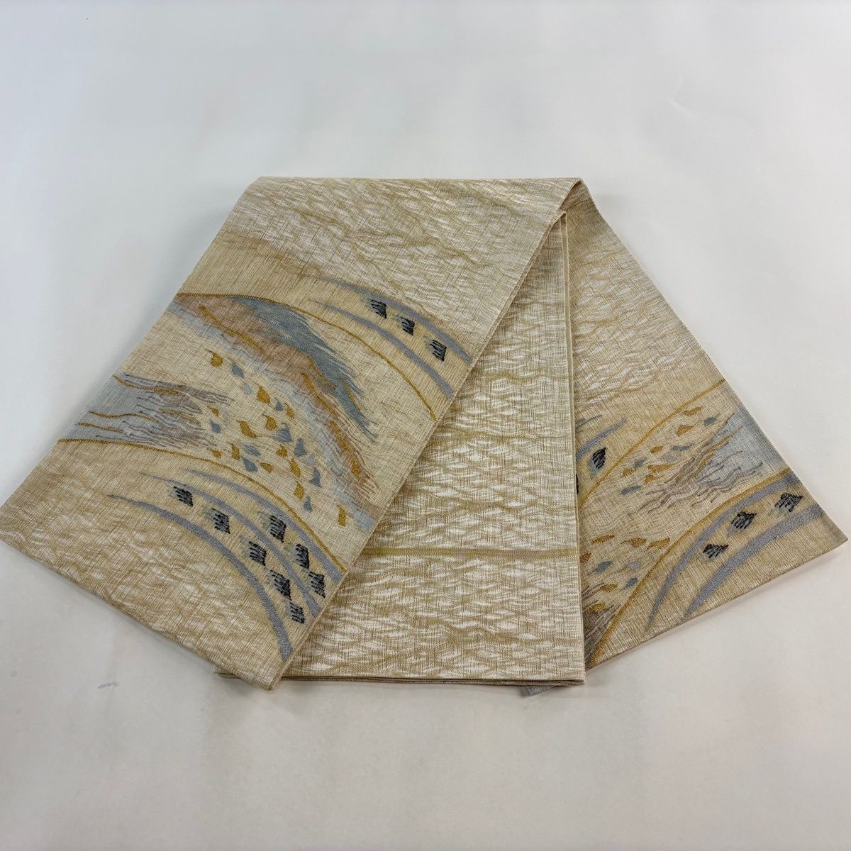 Fukuro Obi Otaiko Pattern Geometric Gold Silver Thread Wave Beige Silk 444cm