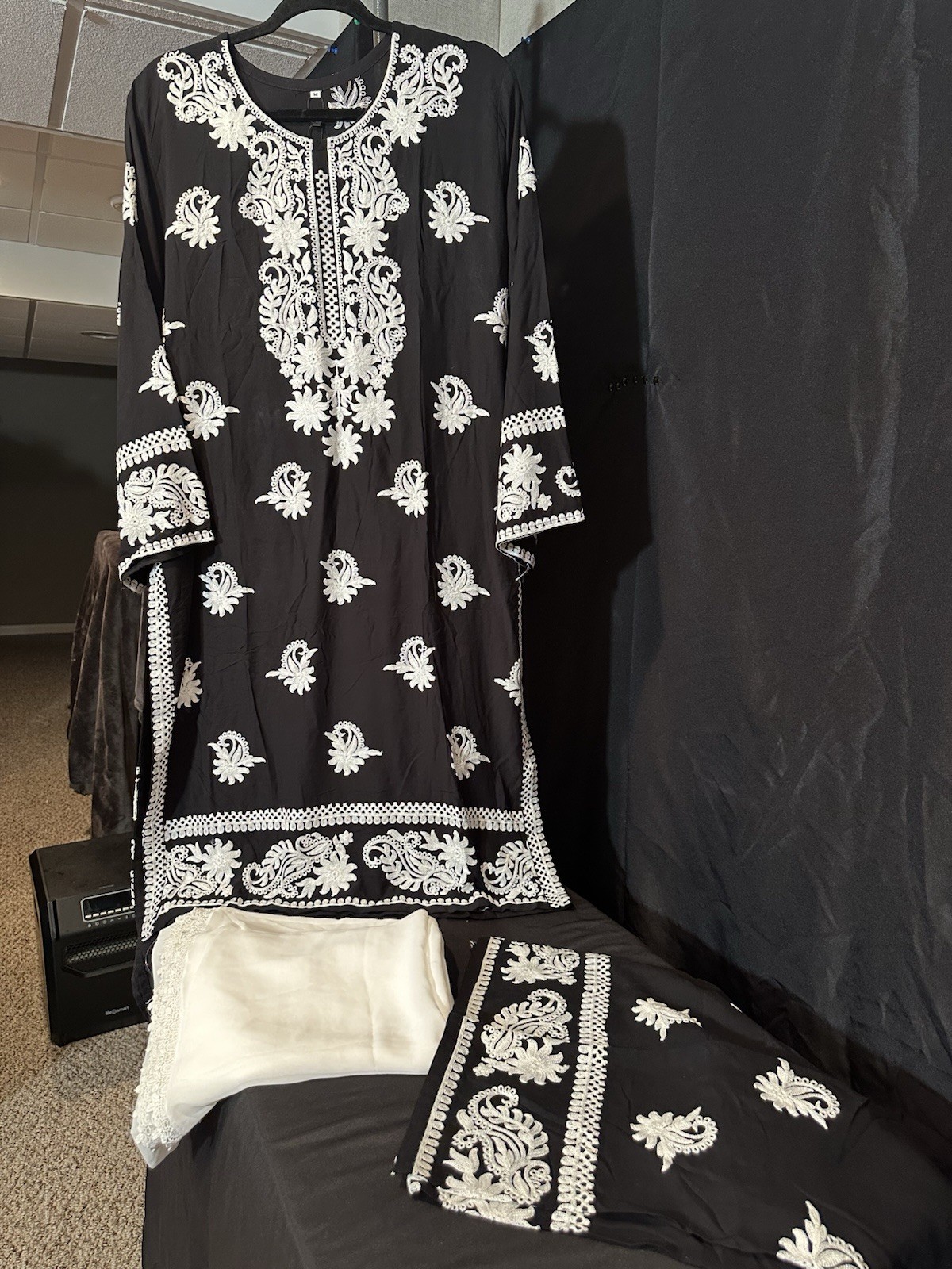 Beautiful soft linen Front & back emb-3 pc suit-emb plazo, laced dupatta-$44