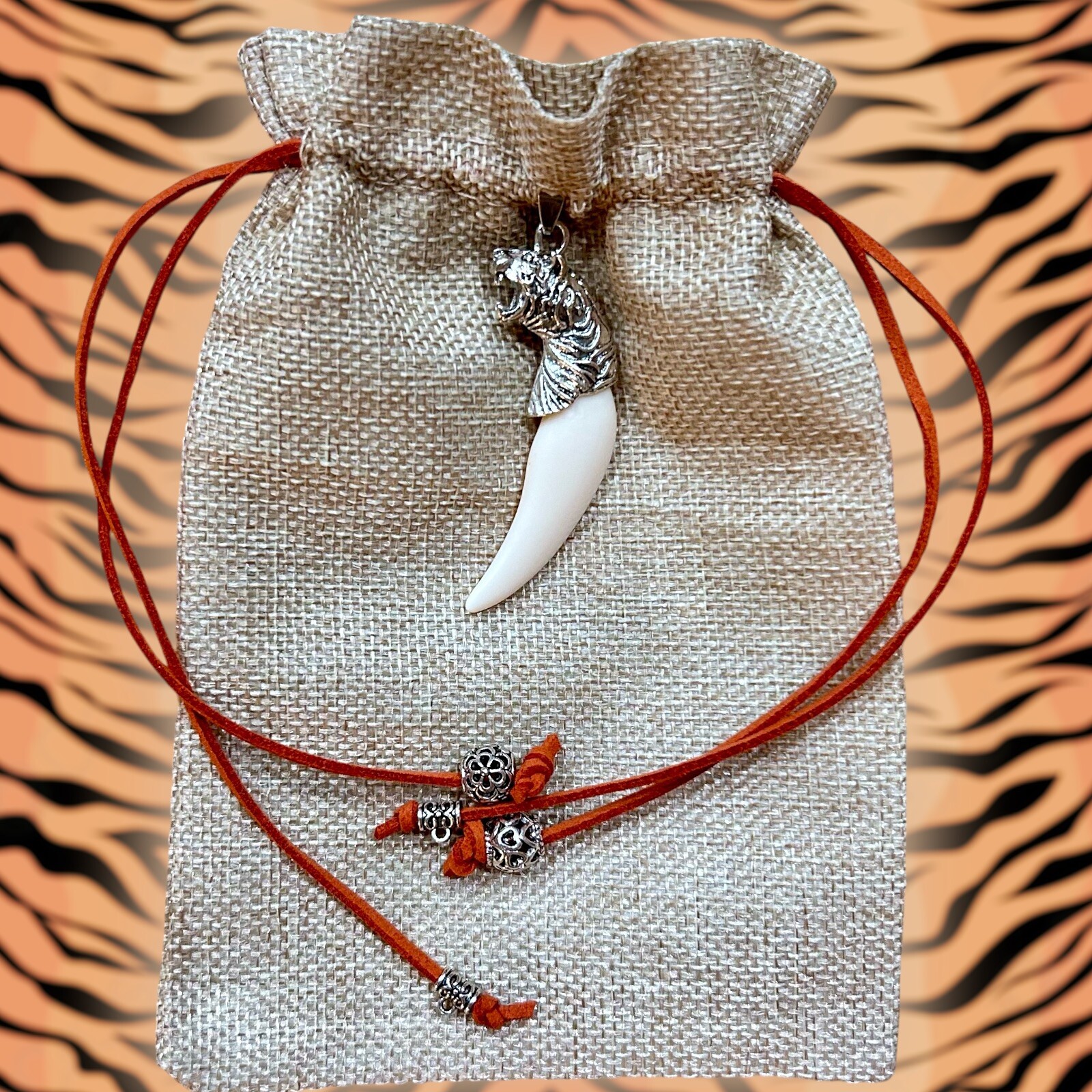 Asian-Style Medicine Bag Beaded Tiger Claw Leather Brown Drawstring
