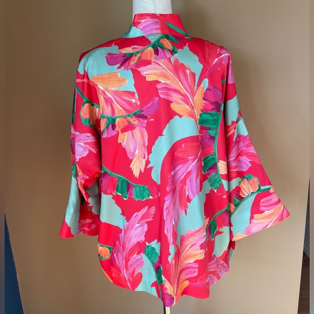 Chicos Womens Kimono Cardigan Floral Japanese Pink Red Size Small/Medium Satin