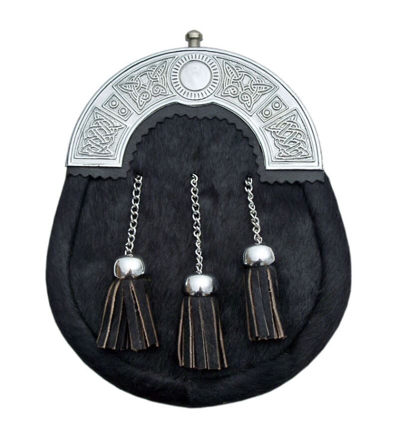 Emboassed Celtic Knot Silver Plate 3 Tassel Black Leather Pouch | Sporran