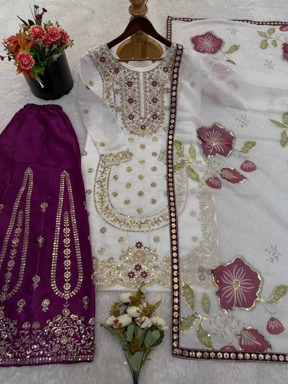 Presenting New Heavy Silk Kurta Palazzo With Tebby Organza Dupatta For Women
