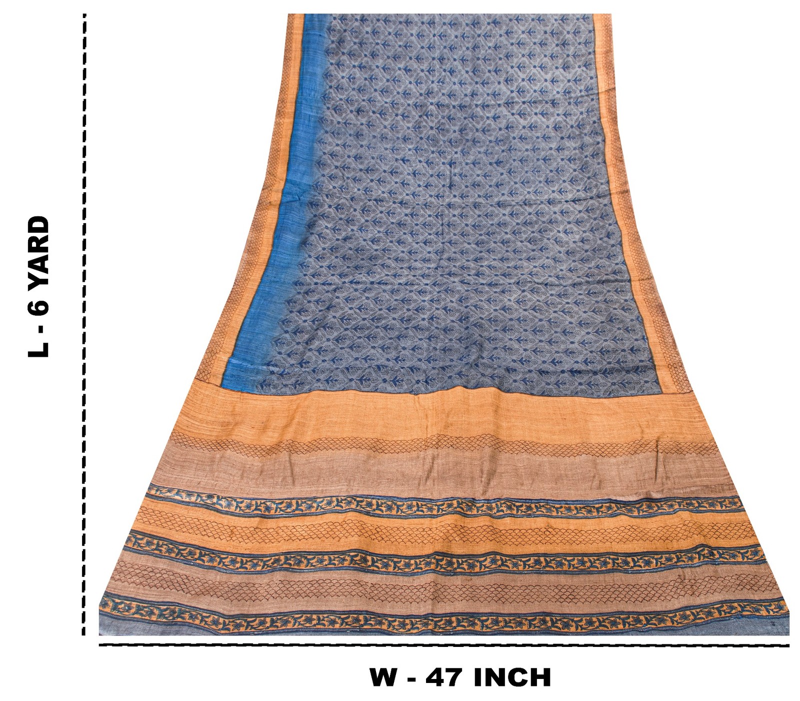 Sanskriti Vintage Sari Grayish Blue Pure Bamboo Silk Saree Hand Block Print 6+Yd