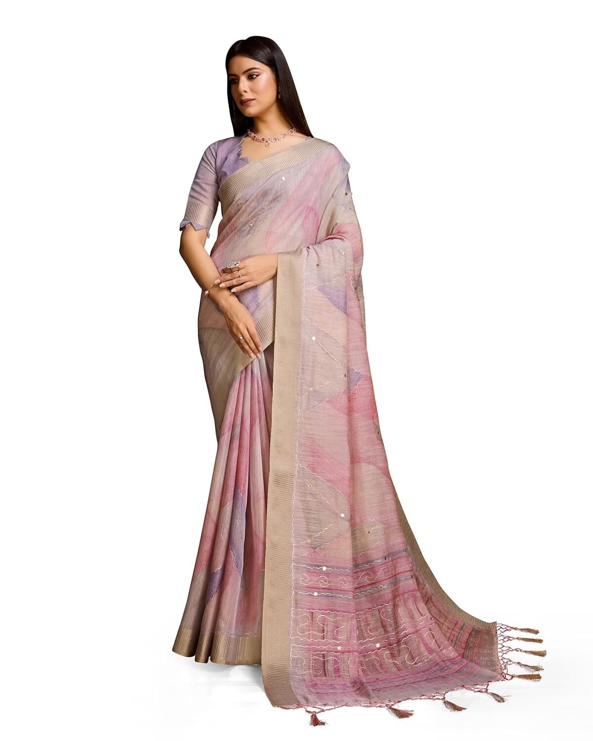 Women’s Heavy Organza Silk Linen Prism Print Saree with Zari Handwork