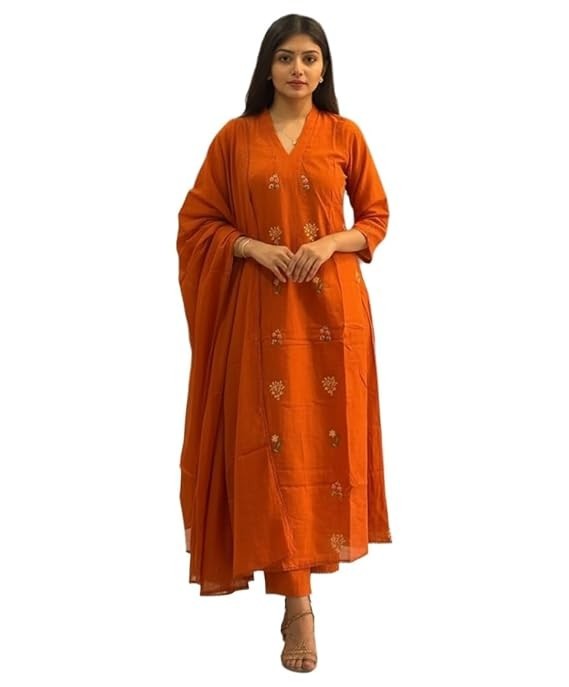Women Orange Plus Size Rayon Indian Kurta Top & Trouser With Dupatta, Casual Top