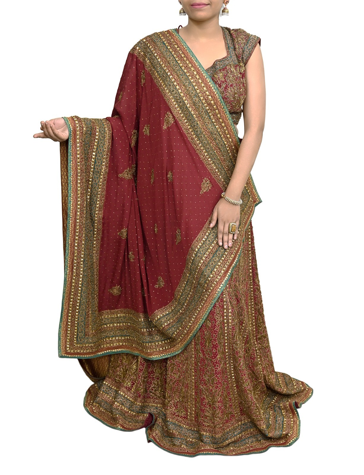 Pre-owned Maroon Pure Silk Hand Embroidered Ritu Kumar Designer Lehenga 3pcs set