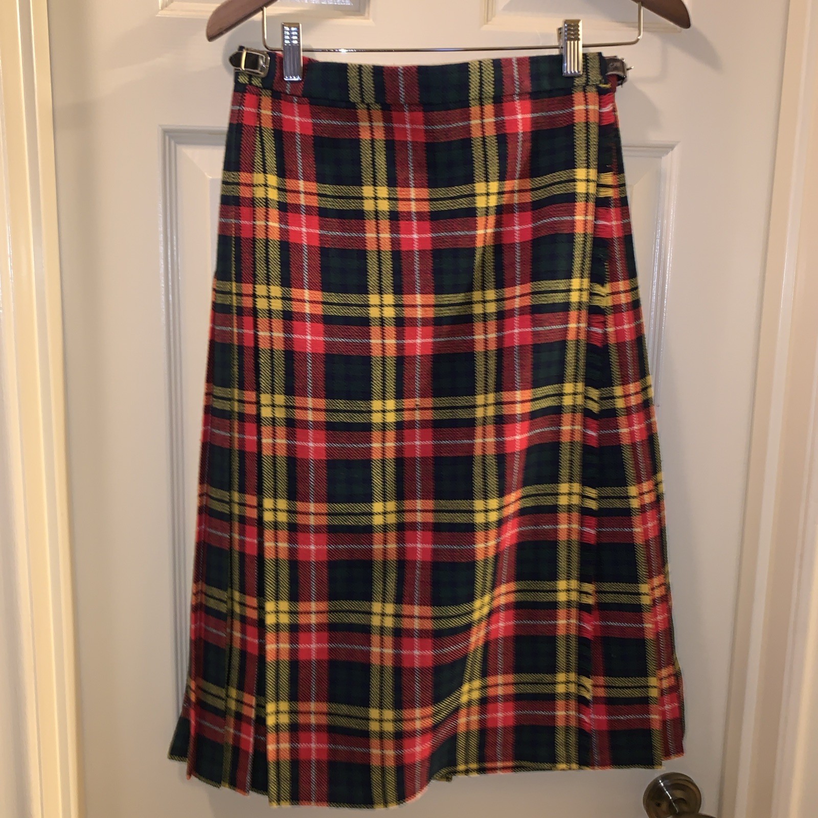 Murray Brothers Scotland , Tartan Plaid Wool Midi Skirt, Red, Yellow, Green, Blk
