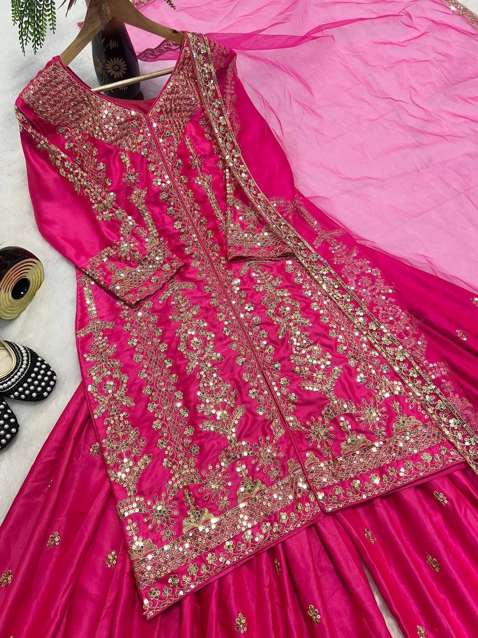 Exclusive Designer Malay Satin Silk Top Palazzo With Dupatta For Wedding Wear