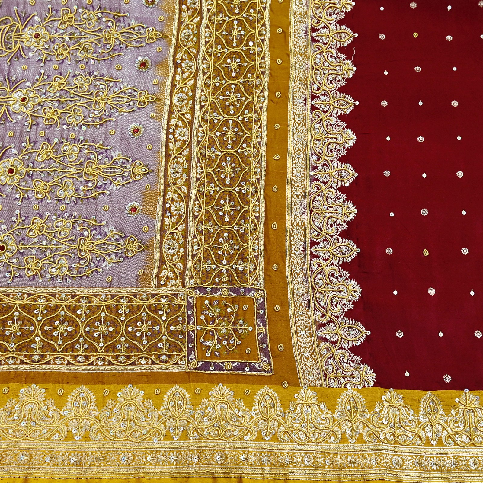 Vintage Heavy Saree Pure Satin Silk Hand Embroidered Banarsi Brocade Sari Dabka