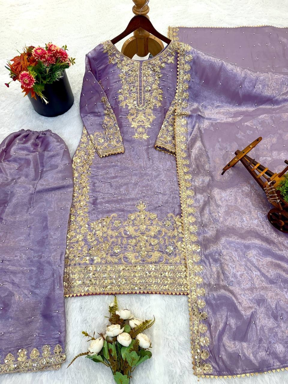 Attractive Look Silk Lavender Salwar Kameez With Dupatta For Indian Party Wear