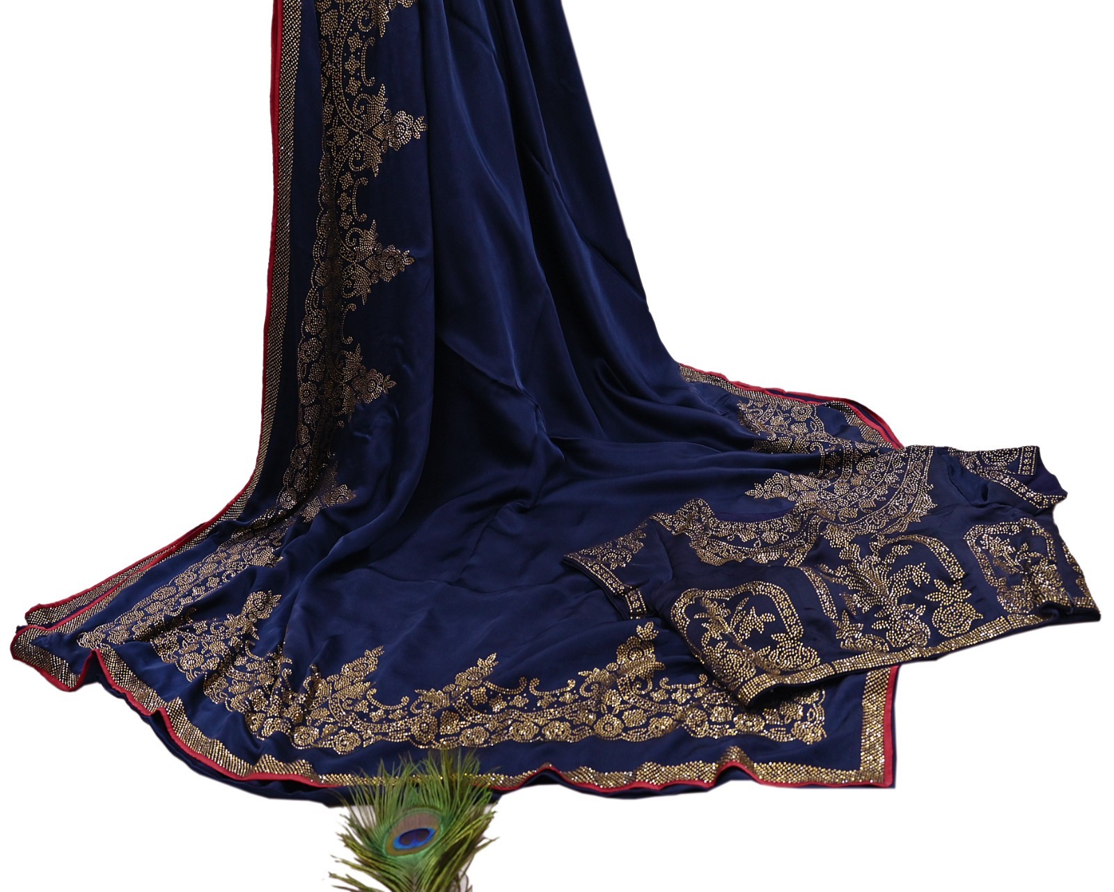 Rare Vintage Blue Pure Satin Silk Saree Hand Embroidered Fabric 6 Yards Sari