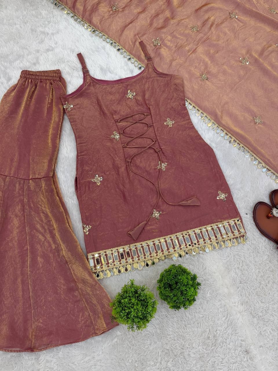 Attractive Look Silk Dusty Pink Top Palazzo With Dupatta For Party Wear