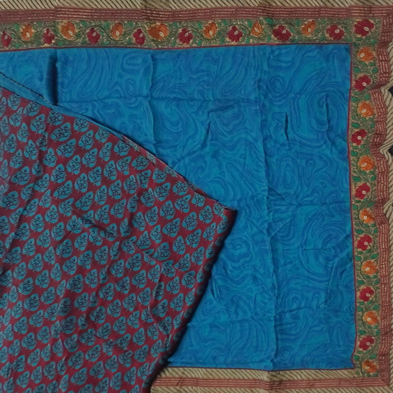 Vintage Blue Sarees 100% Pure Crepe Silk Hand Embroidered Sari 5YD Craft Fabric