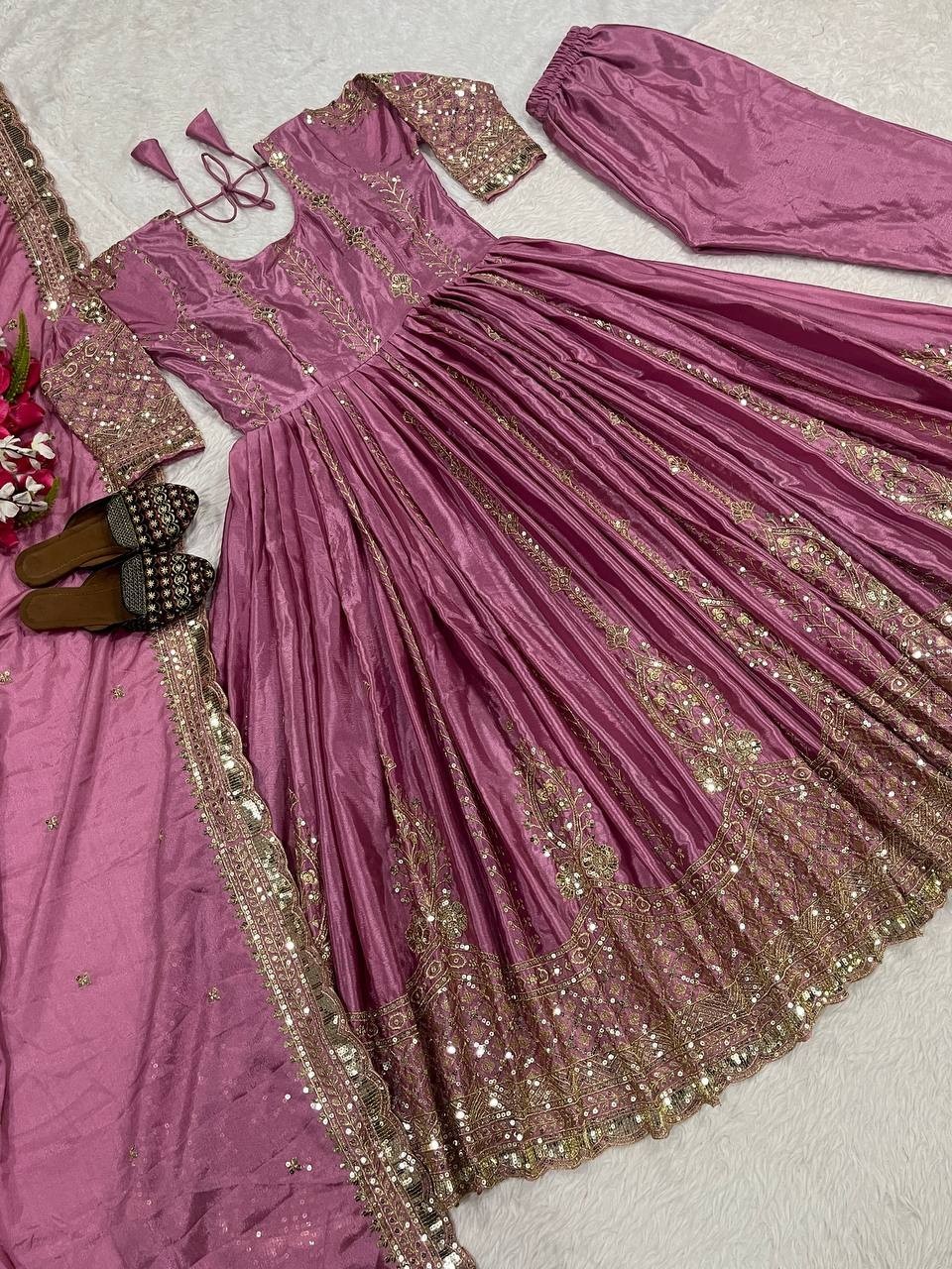 New Fancy Heavy Chinon Silk Gown Bottom With Dupatta For Indian Party Wear