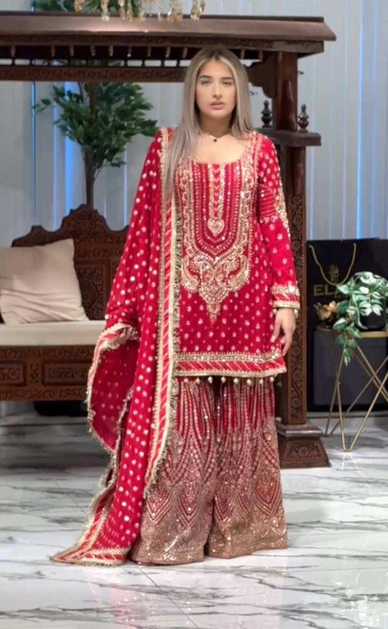 Party Wear Red Faux Georgette Kurta Palazzo With Dupatta For Women & Girls