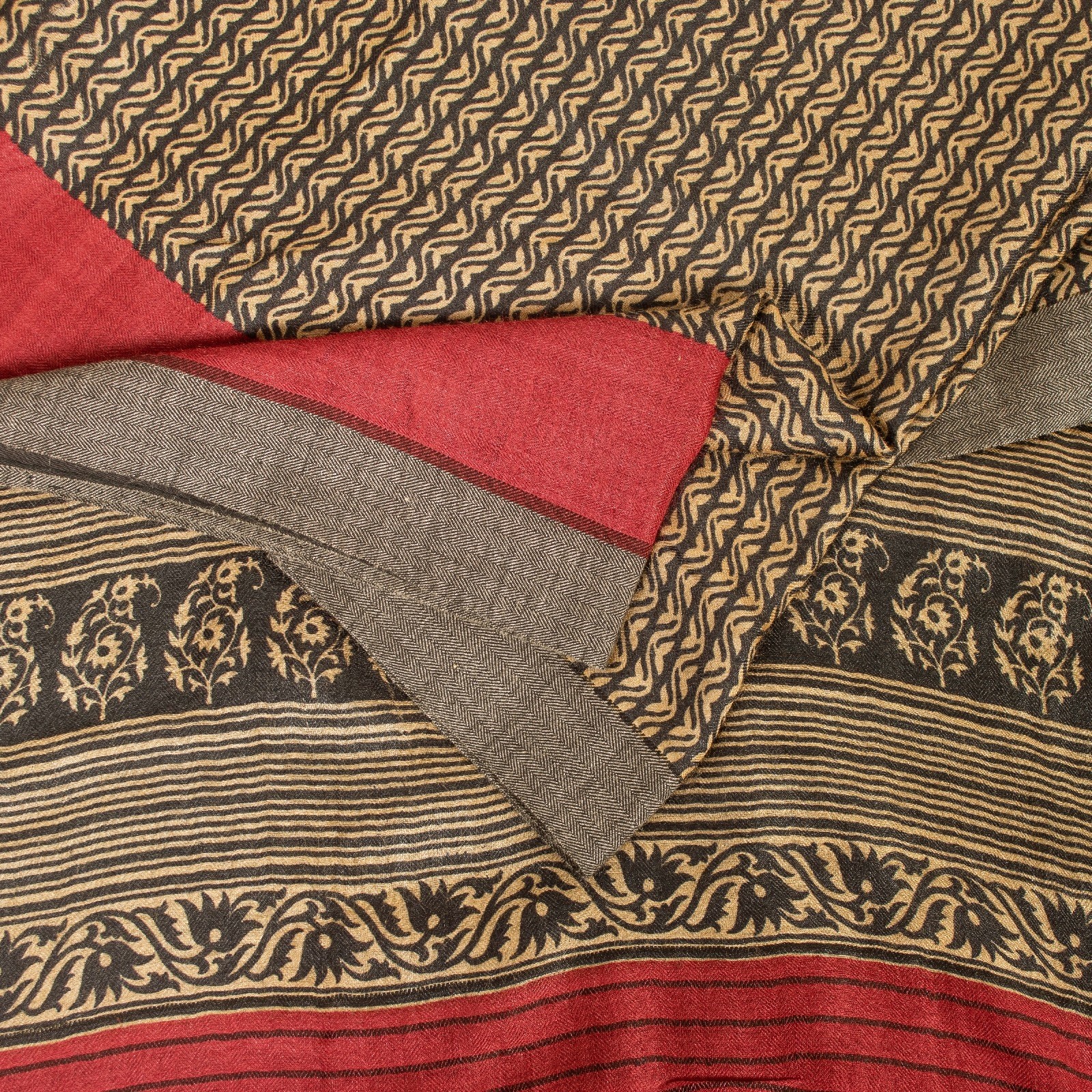 Sanskriti Vintage Sarees Brown & Black Block Printed Pure Woolen 5+Yd Warm Sari