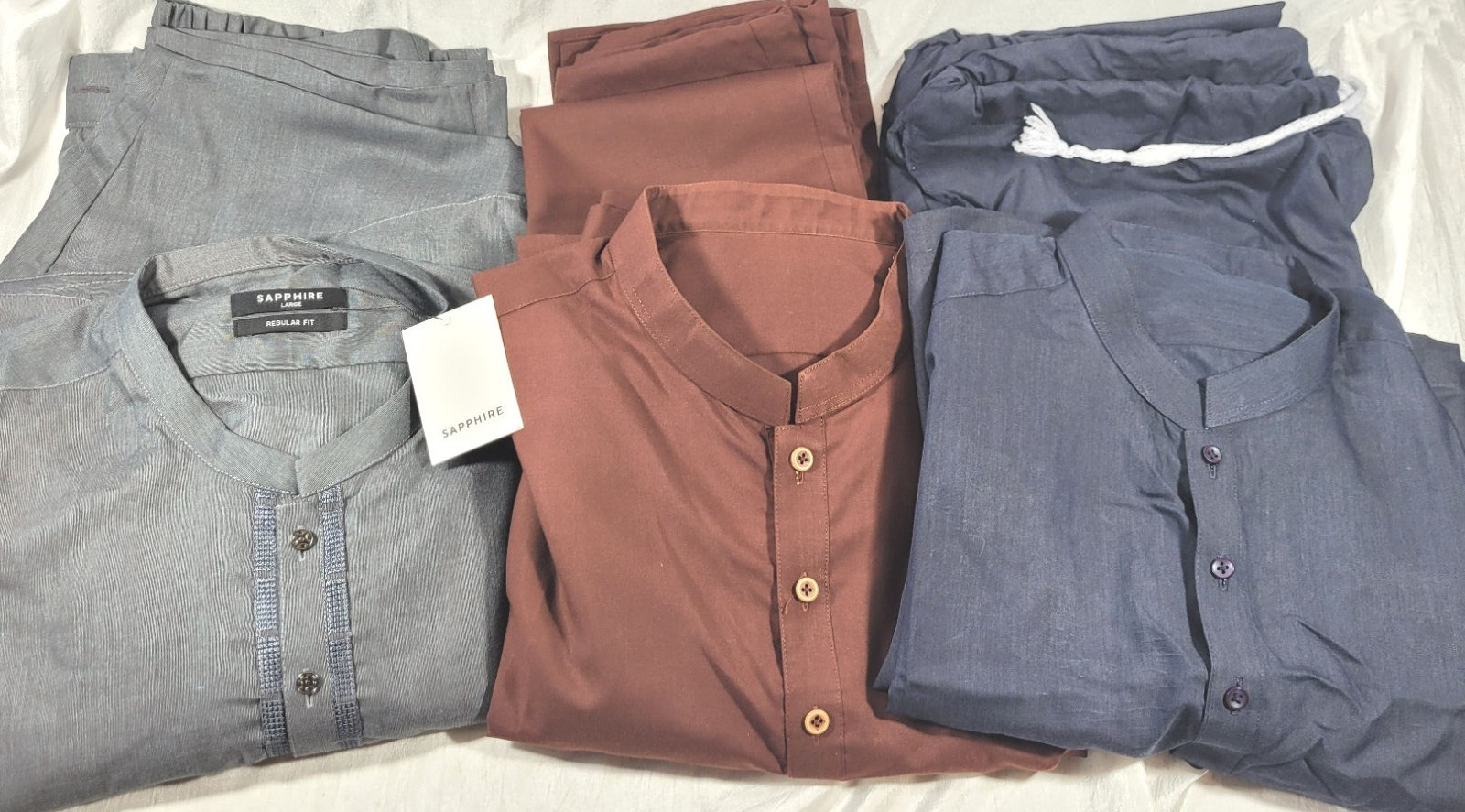 LOT: 3 Sapphire Men’s Wash & Wear Kurta Suits – Gray, Brown, Navy – Size Large