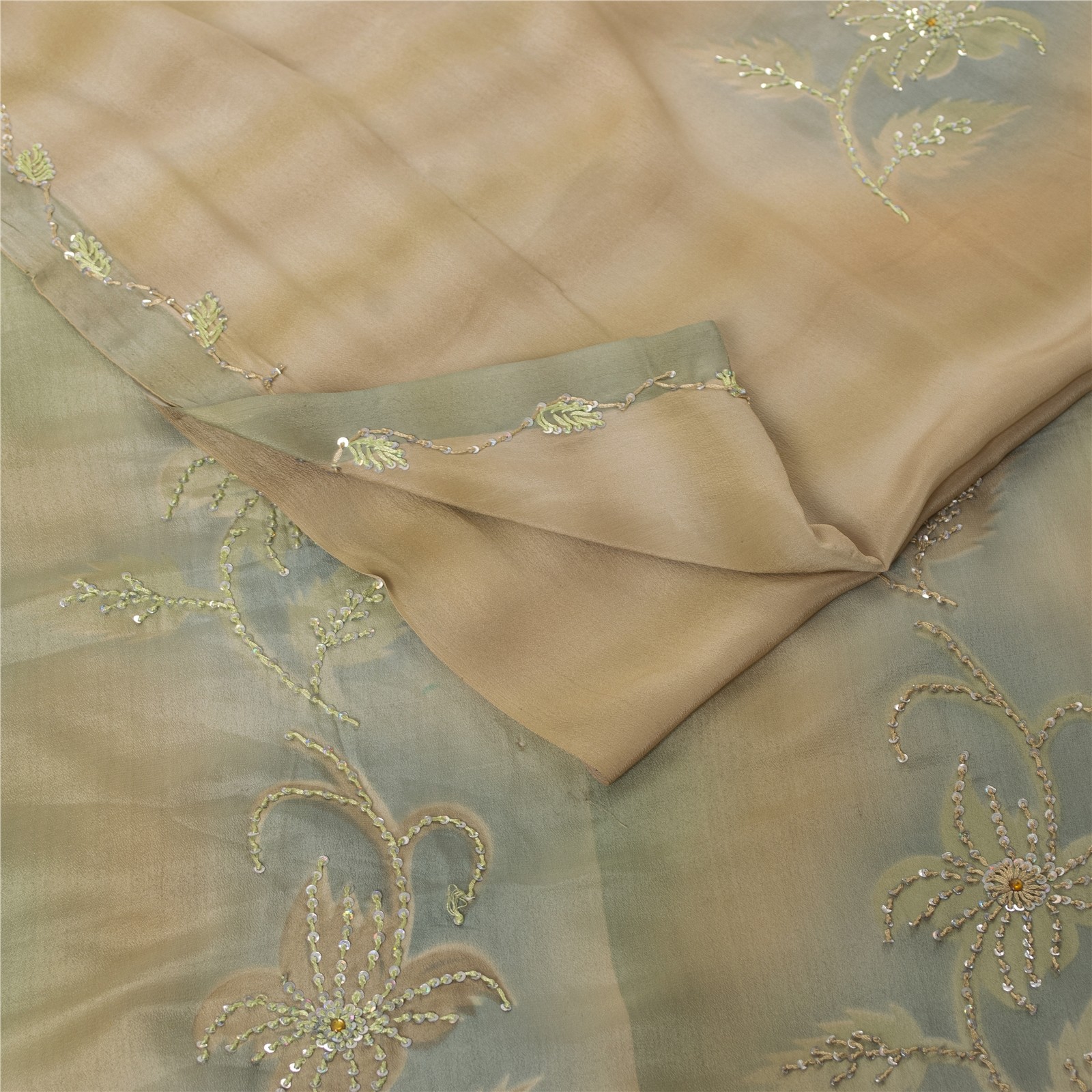 Sanskriti Vintage Sarees Peach Pure Crepe Silk HandEmbroidery Sari 6.5+YD Fabric