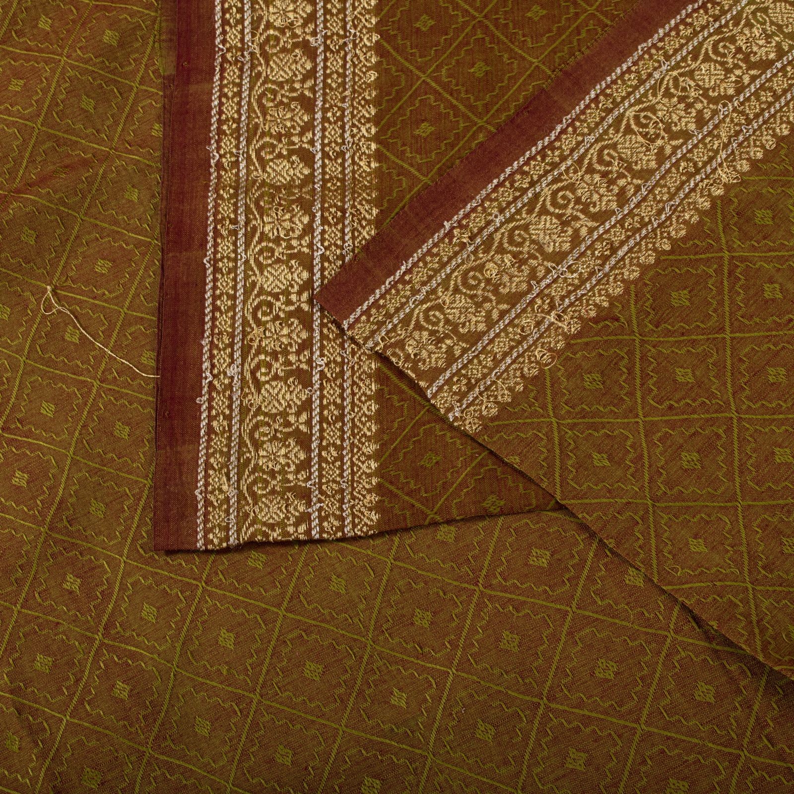 Sanskriti Vintage Saree Green Blend Cotton Wedding Hand Woven Craft Fabric Sari
