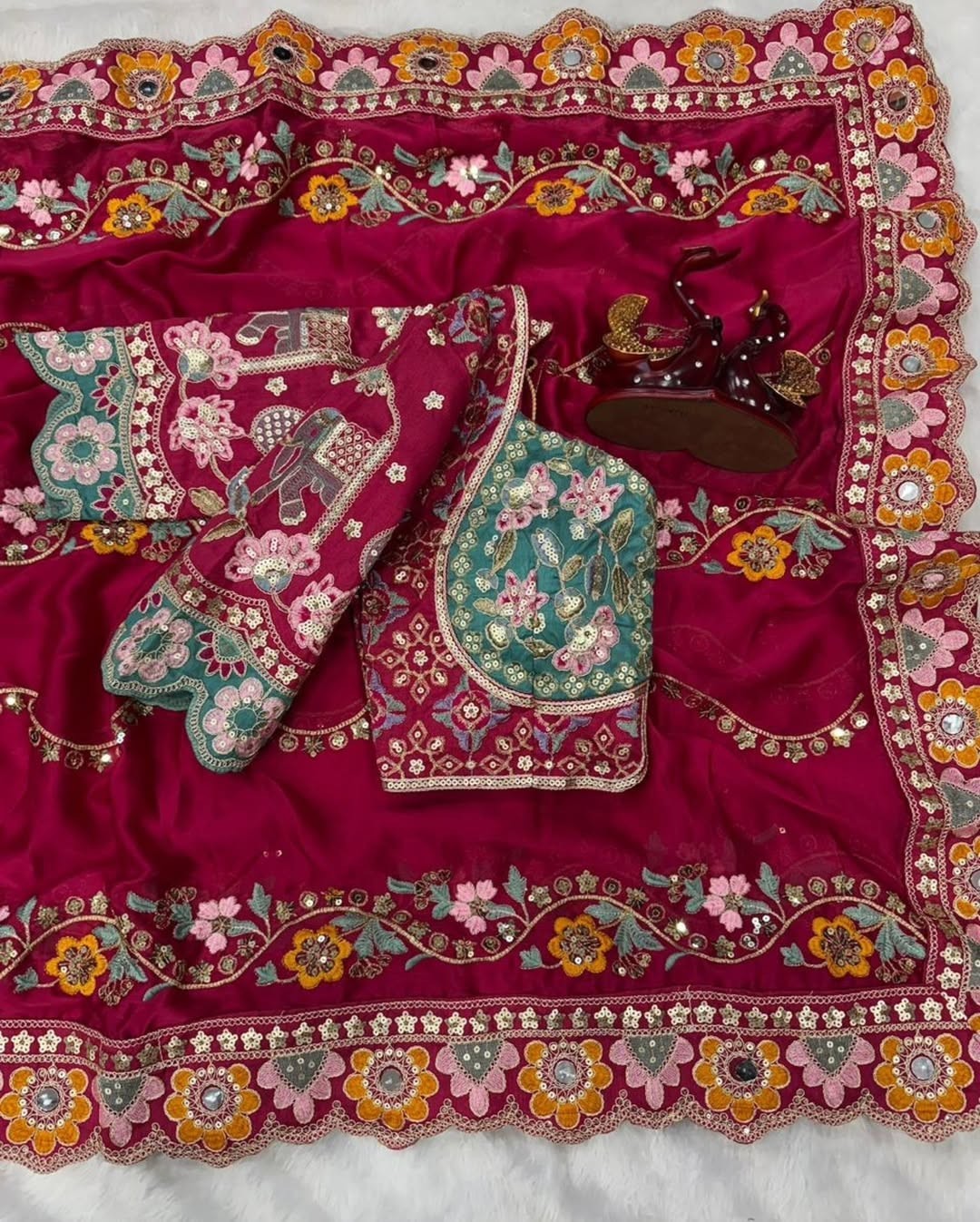Rani Pink Designer Saree Work Embroidery Wedding Party Wear Women Ethnic Festive