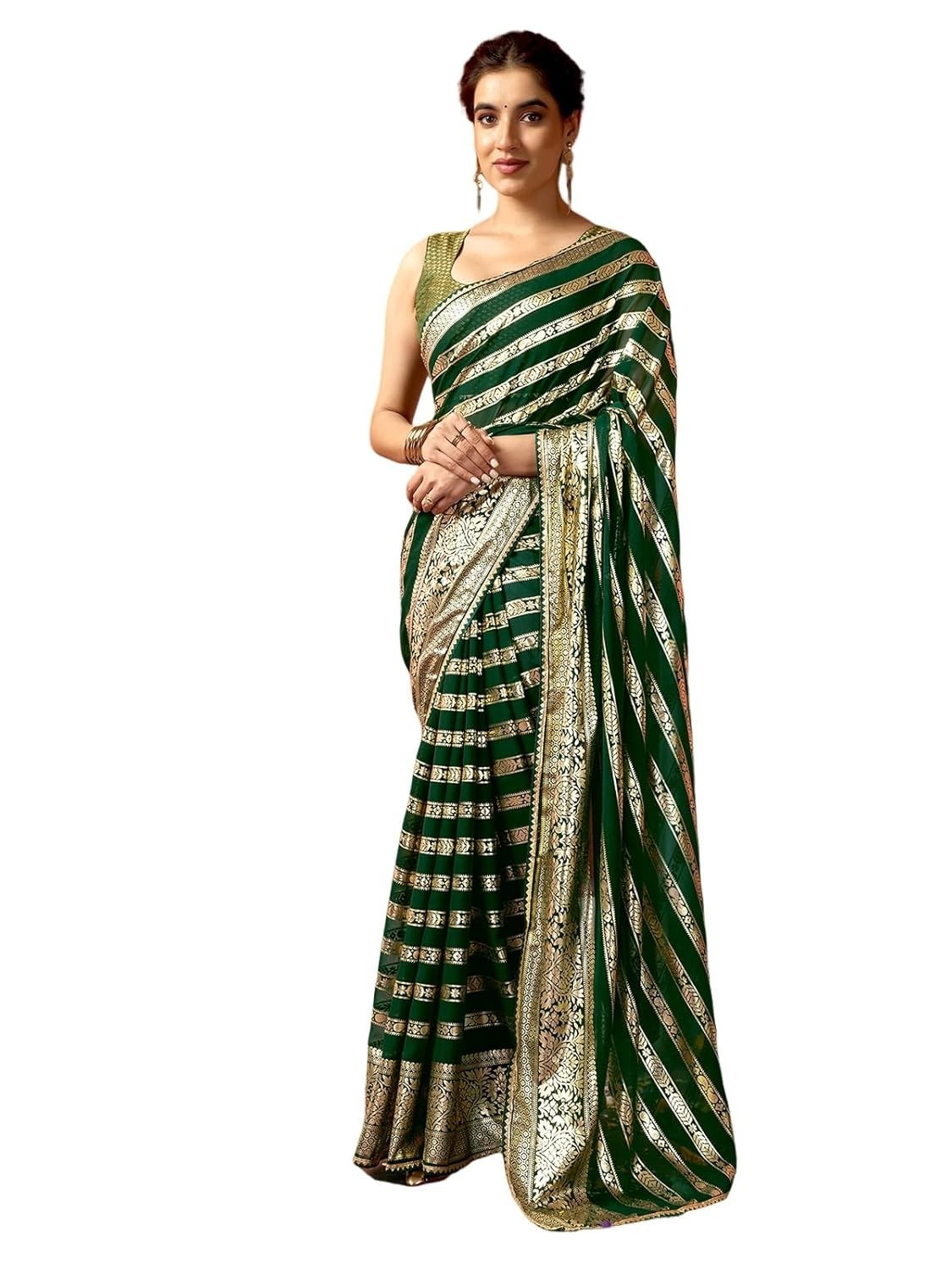 Women’s Georgette Foil Print Gota Lace Work Saree with Unstitched Blouse Piece