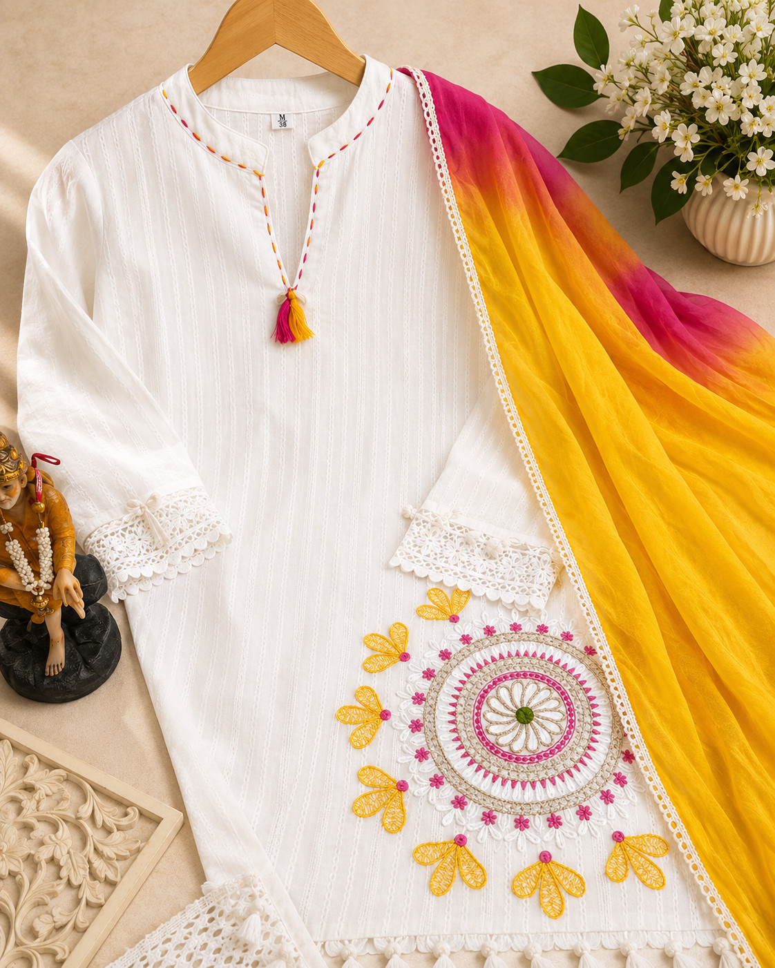 White Cotton Embroidered Kurta Set with Ombre Dupatta, Indian 3 Piece Suit