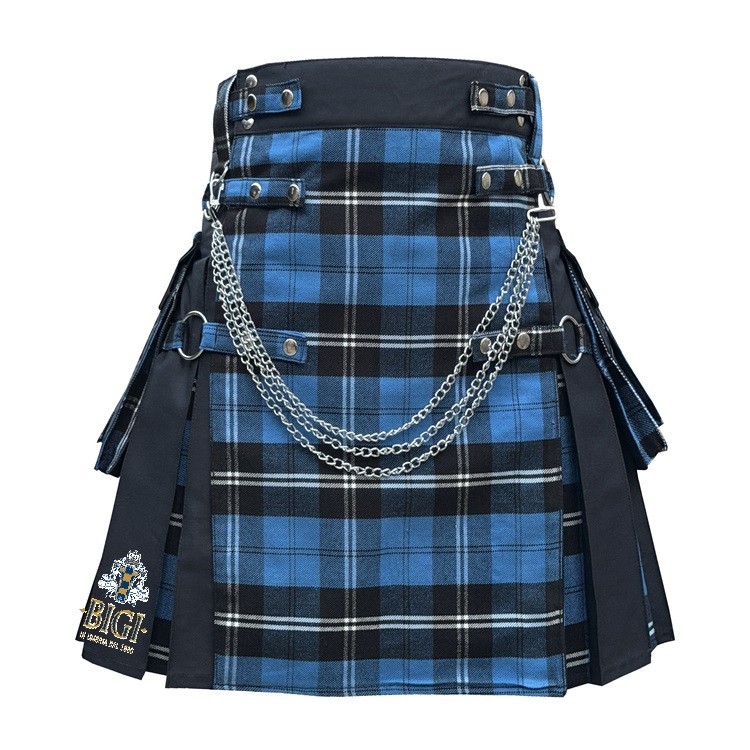 Ramsey gothic blue tartan apron with pleats, black utility kilt,