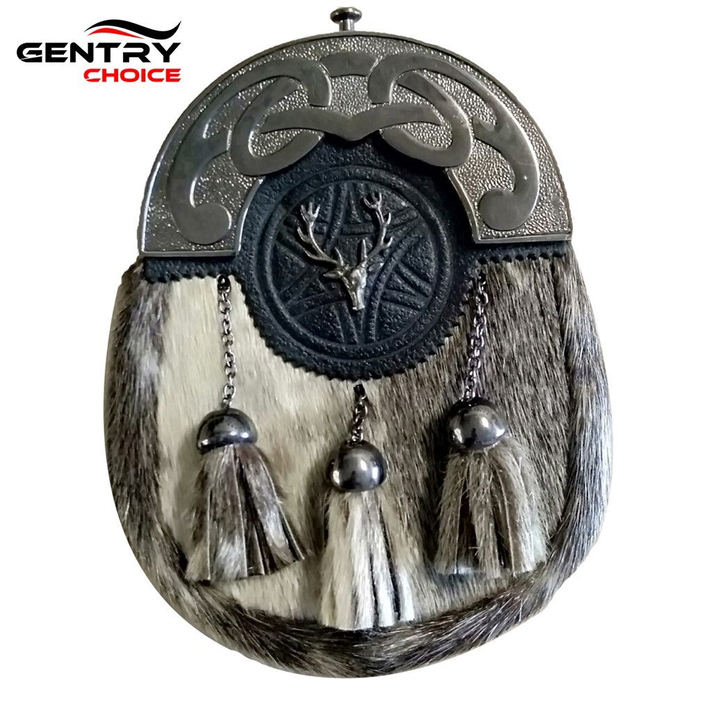 Traditional Scottish Men Kilt Sporran Stag Head Rabbit Fur Chrome Head Sporran