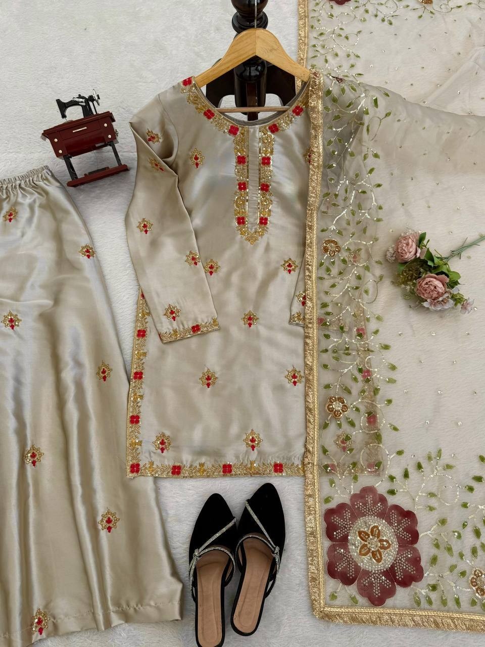 Beautiful Zapan Satin Silk Cream Palazzo Suit With Dupatta For Indian Party Wear