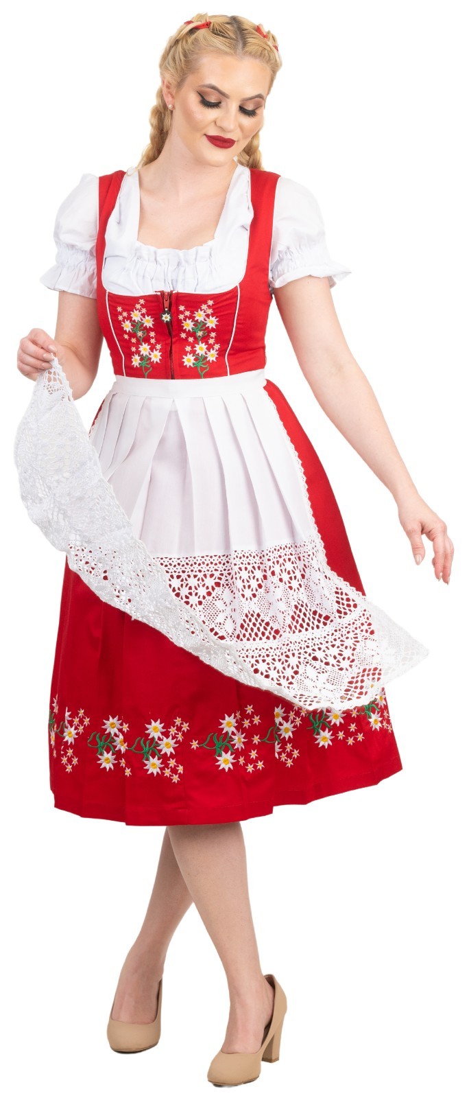 XS S M L XL 2XL Red Cotton German Dirndl Dress EMBROIDERED Oktoberfest Waitress