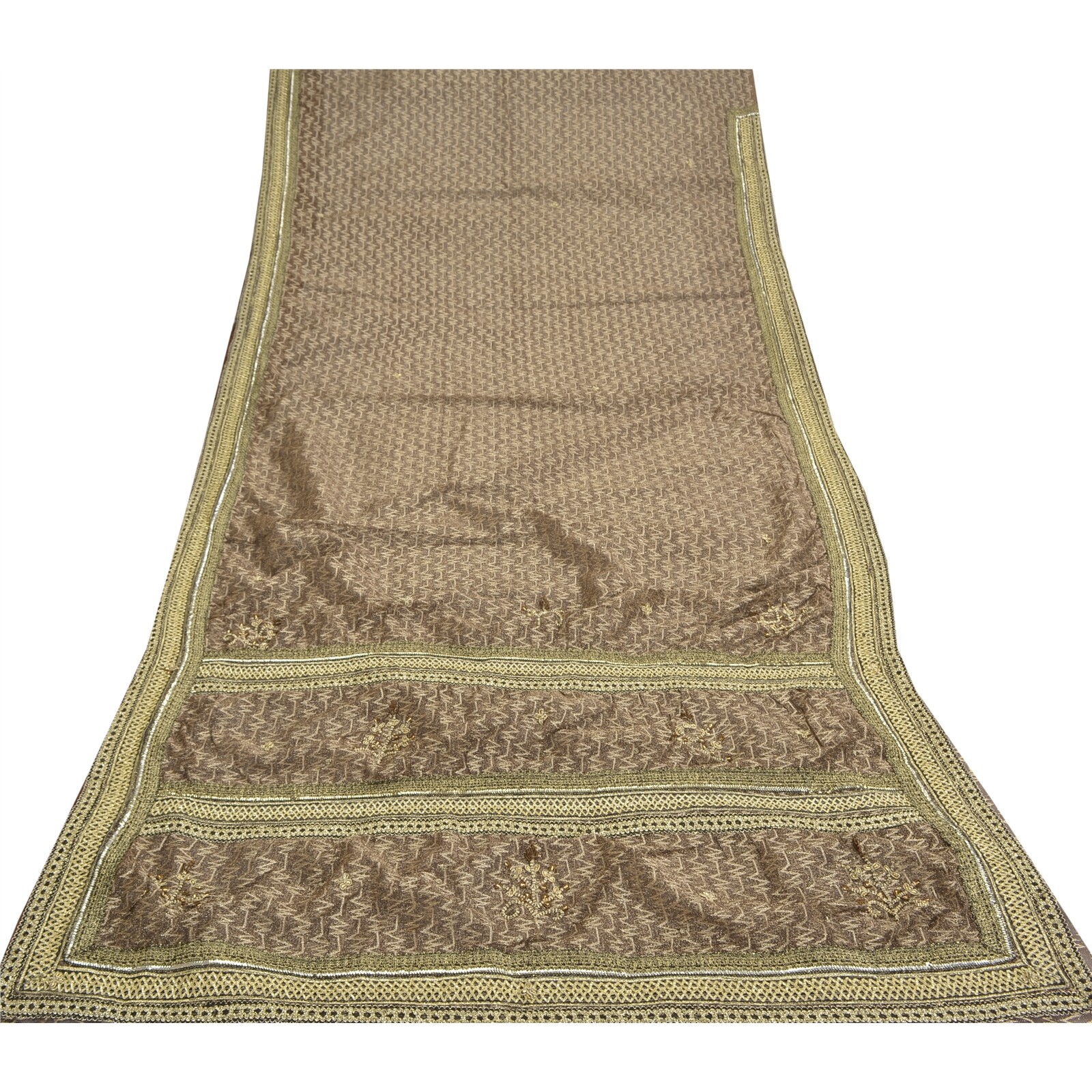 Sanskriti Vintage Brown Saree Net Mesh Hand Beaded Woven Fabric Sari