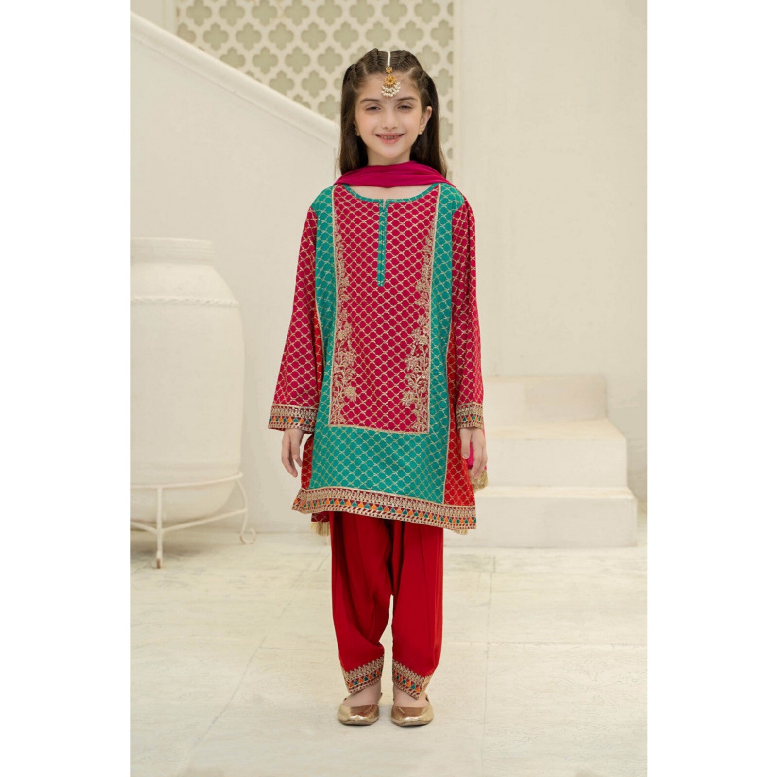 Maria B Girls Pakistani 3 Piece Kameez Salwar Outfit, 8-10 Years, Red Pink