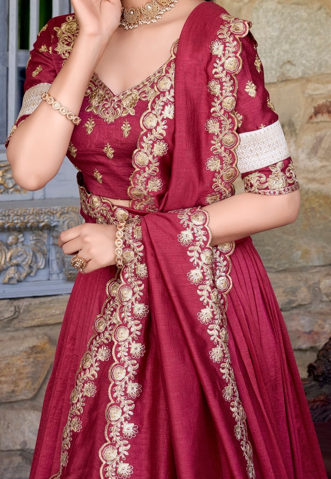 Engagement Wear Vichitra Silk Maroon Lehenga Choli With Dupatta For Women