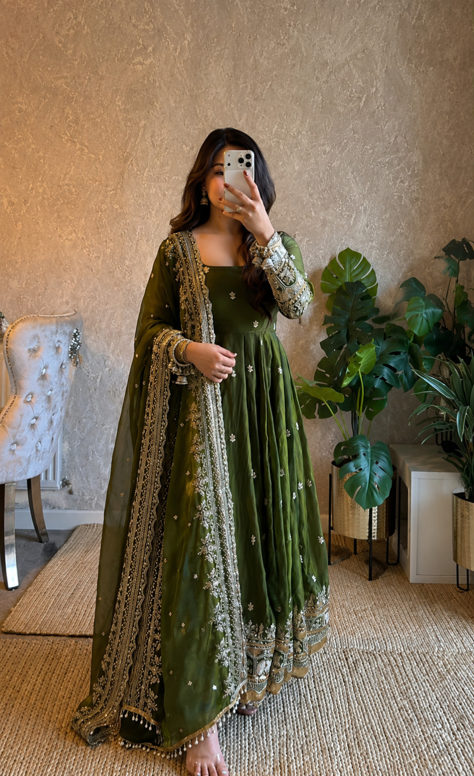 Mahendi Green Fendy Silk Designer Ready Made Embroidery Anarkali Suit Set M