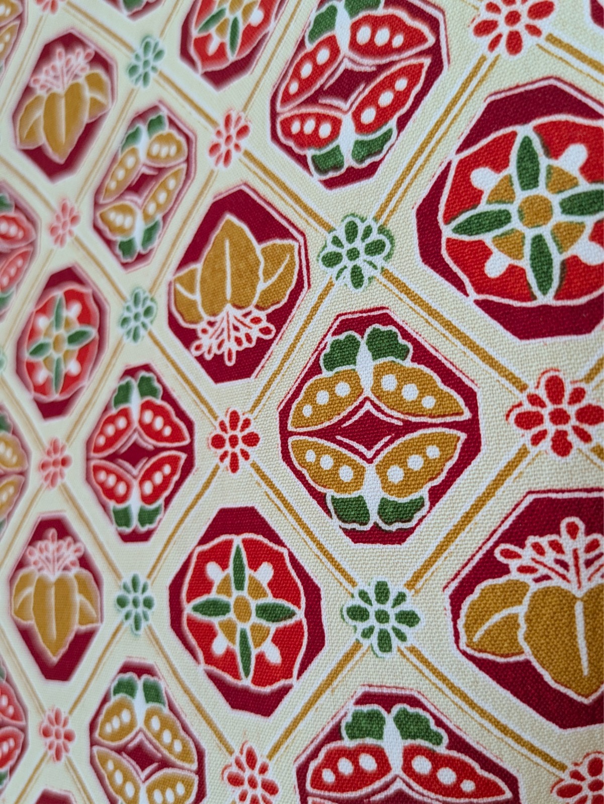 Vintage Japanese Kimono Robe Wool Hitoe Red Beige Geometric Floral Textile Art