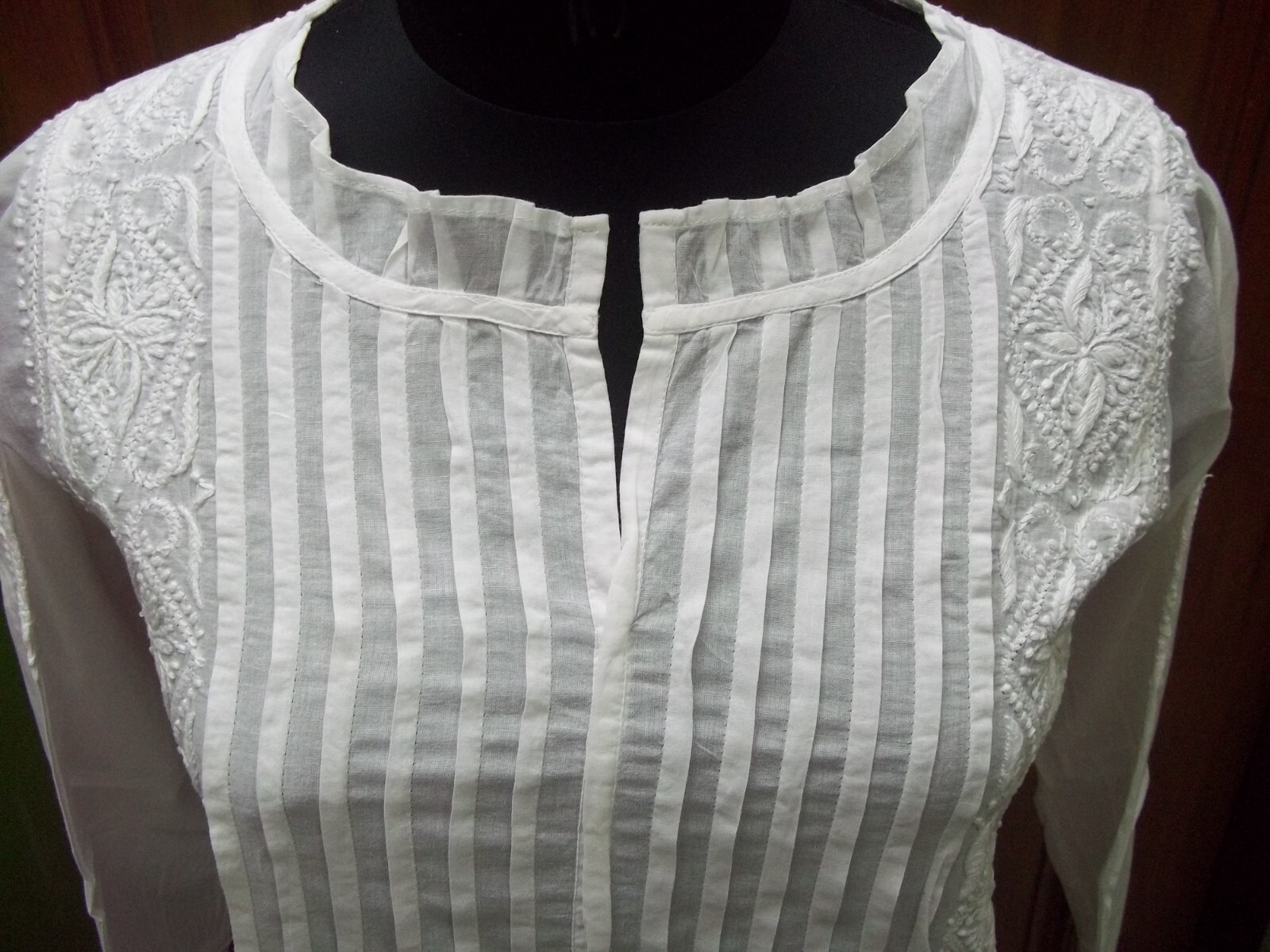 ELEGANCE SHIRT ETHNIC XS 36″ HANDMADE 100% COTTON TOP KURTA CHIKAN EMBROIDERY