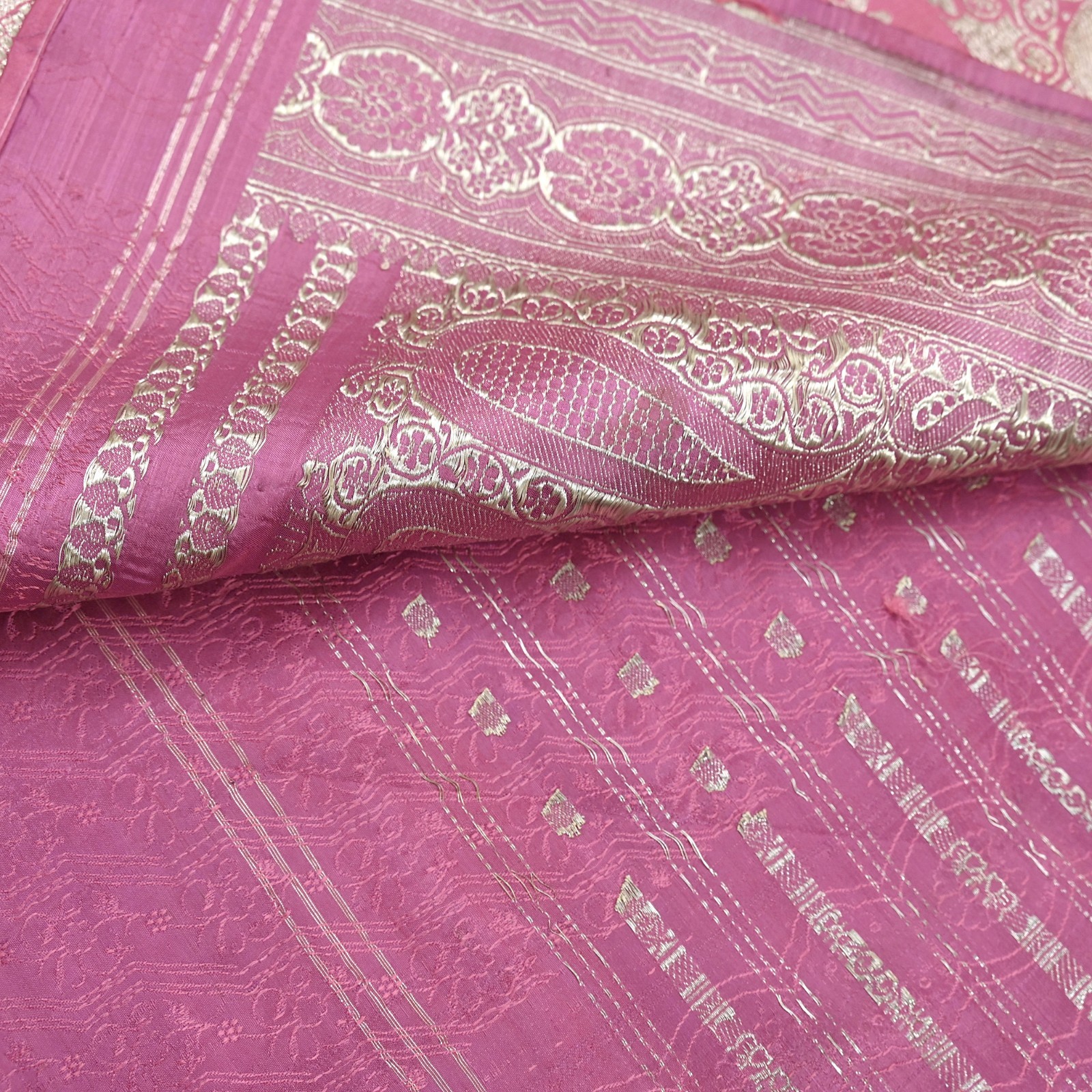 Indian Vintage Sari Heavy Pink Pure Satin Silk Woven Brocade Banarasi Sari 5yd