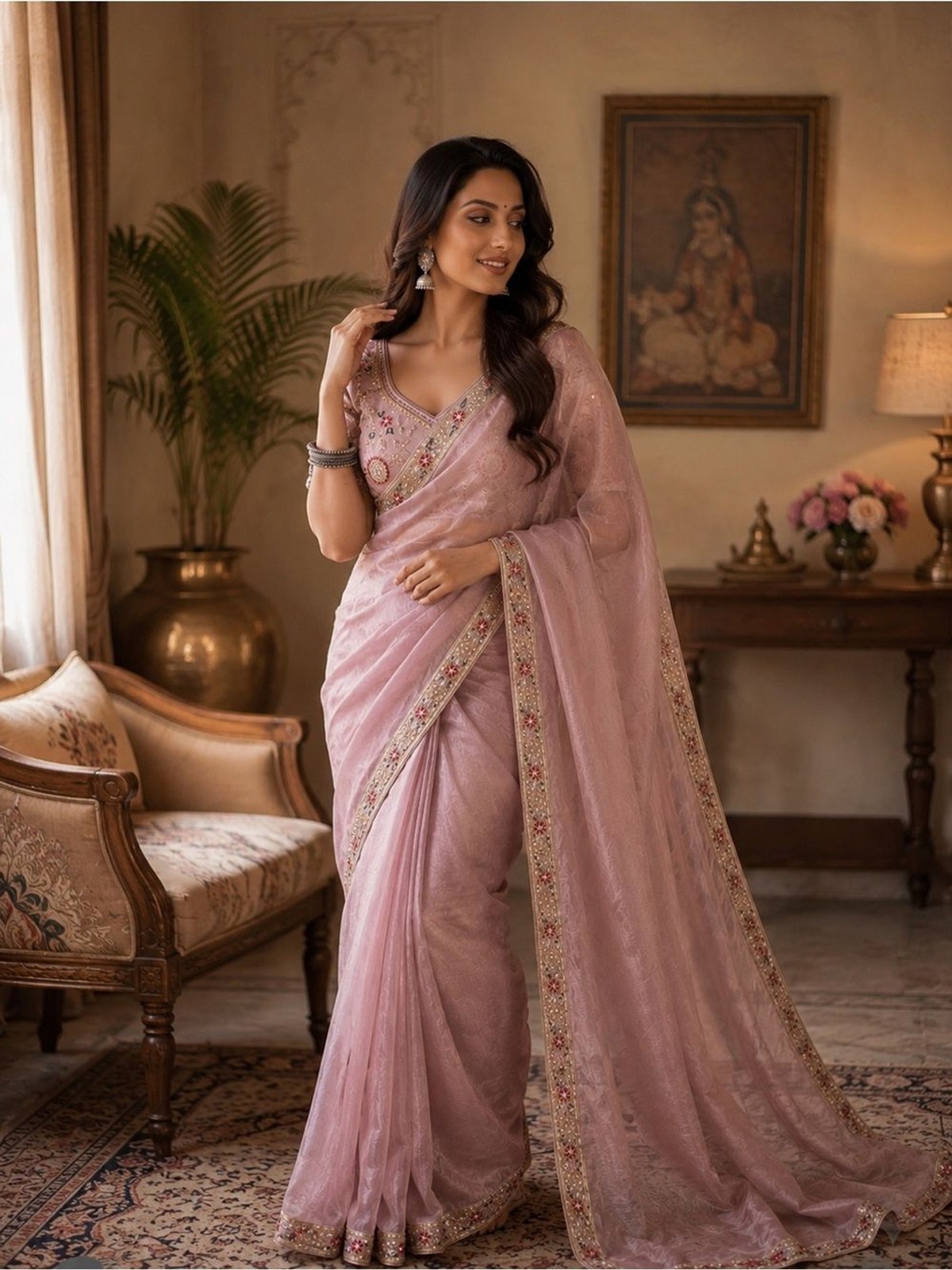 Embroidered Saree Set Indian Partywear Elegant Beeds blouse Size-36”& Petticoat.