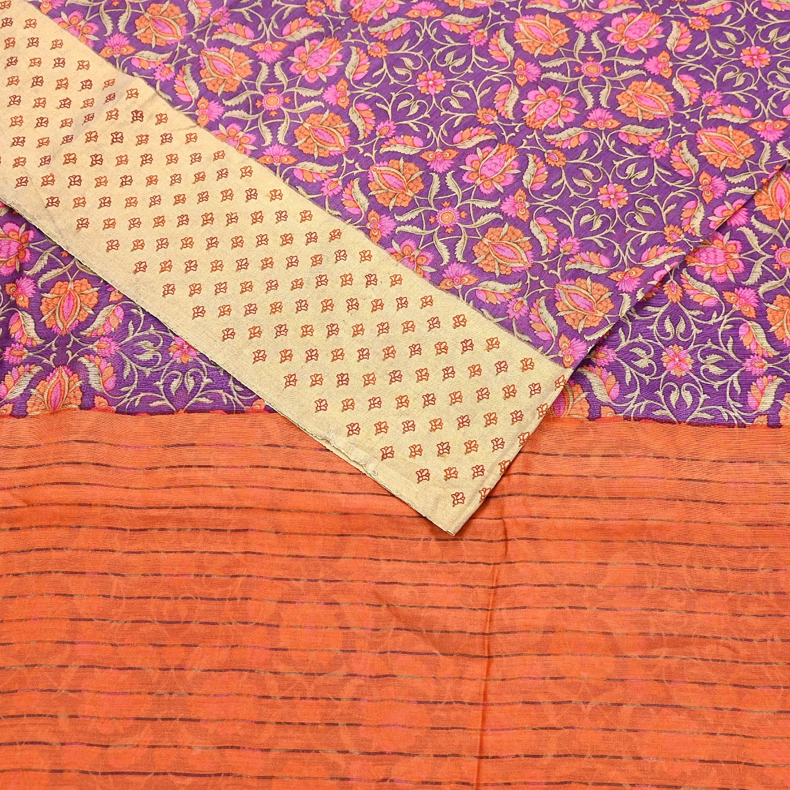 Vintage Purple orange Pure Khadi Silk Saree 5Yd Handloom Indian Sari Soft Fabric
