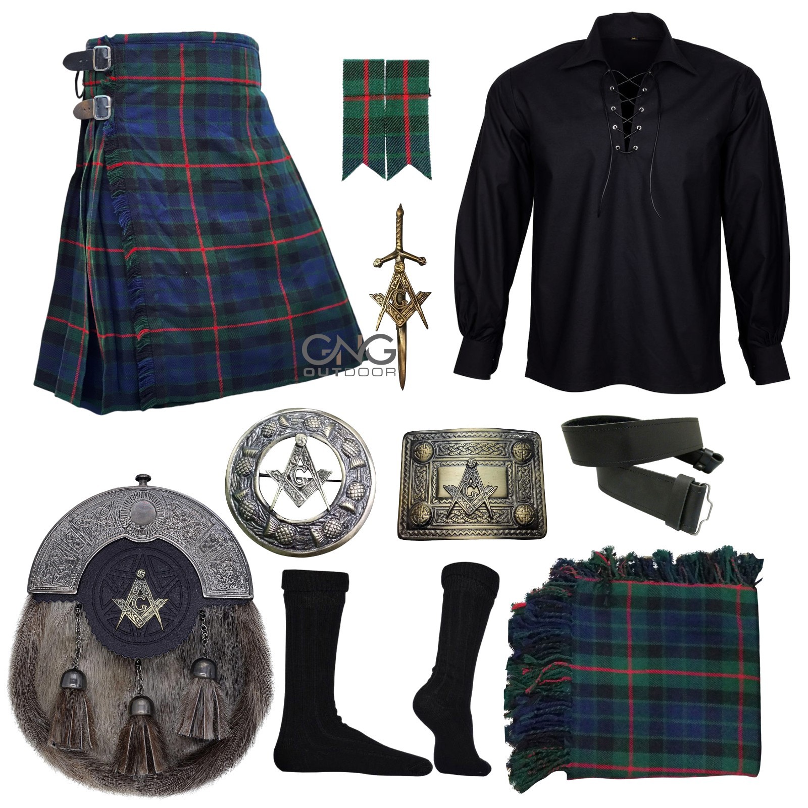 Scottish Men’s 10 Pieces Shirt Kilt outfit Masonic Sporran Wedding kilt Set