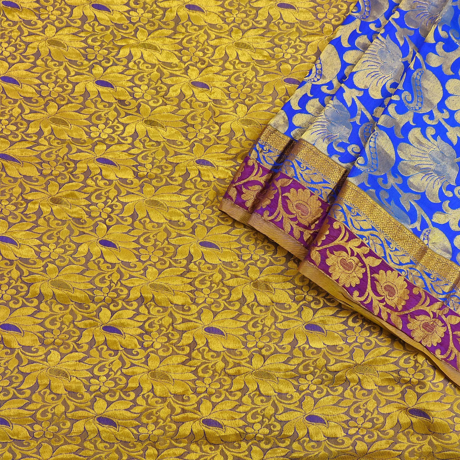 Indian Vintage Heavy Royal Blue & green Kanjivaram Saree 100% Pure Silk Sari 5yd