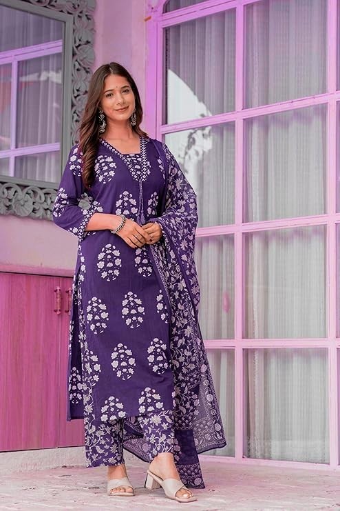 Women’s Pure Cotton Printed Straight Kurta Set with Palazzo Pants & Dupatta