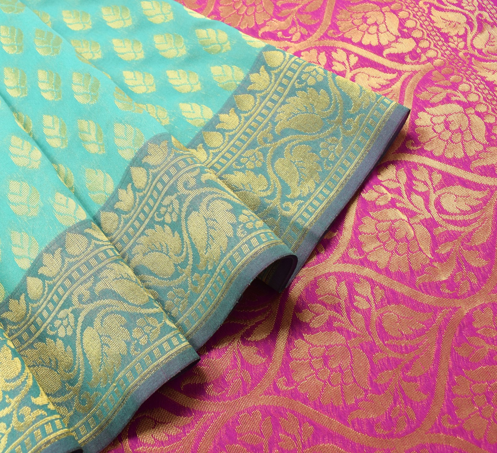 Indian Aqua Green Banarasi Sari Art Cotton Saree Blouse Fabric Gold Zari Woven