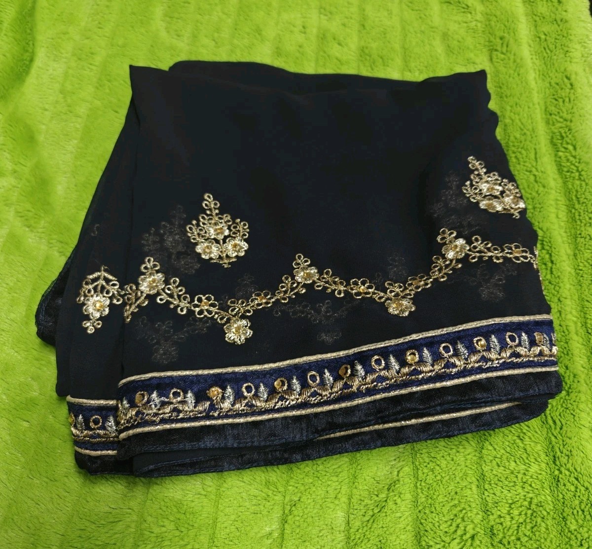 Navy Blue Gold Embroidered Sequin Dupatta wedding Eid Ramadan Pakistani Indian