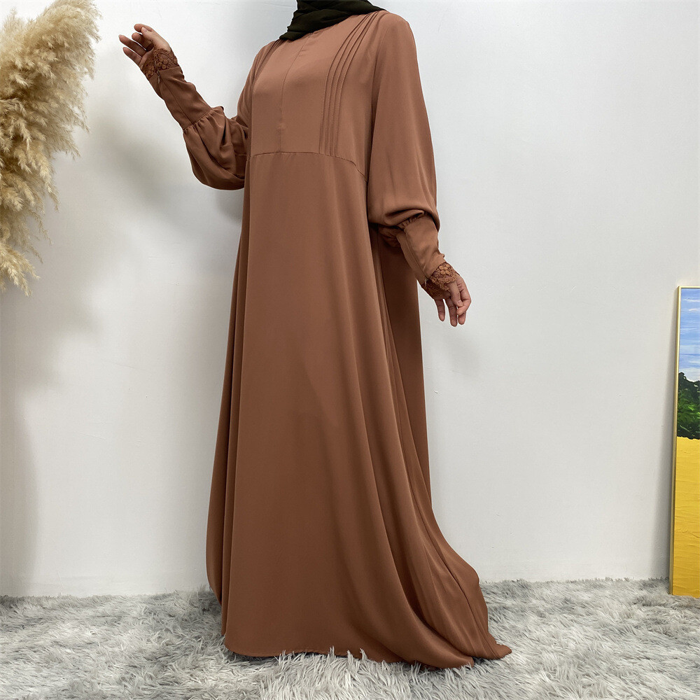 Women Loose Robe Muslim Dress Kaftan Solid Color Lace Sleeve Abaya Simple Burqa