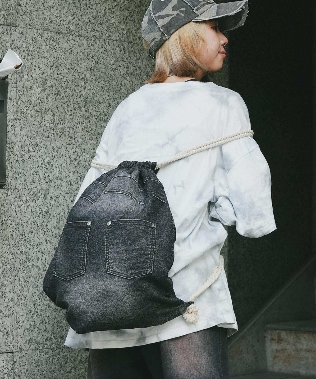 DEVICE Washed Denim Drawstring Backpack Unisex Vintage Finish RRD24049