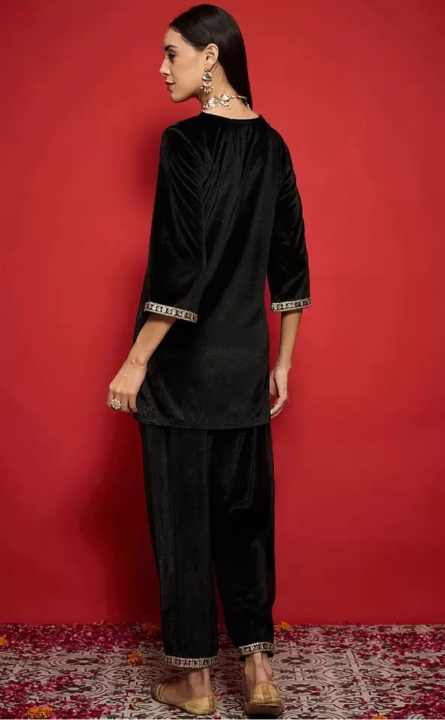 Indian Ethnic wear; Women Solid Zari Lace work Velvet Kurta with Salwar